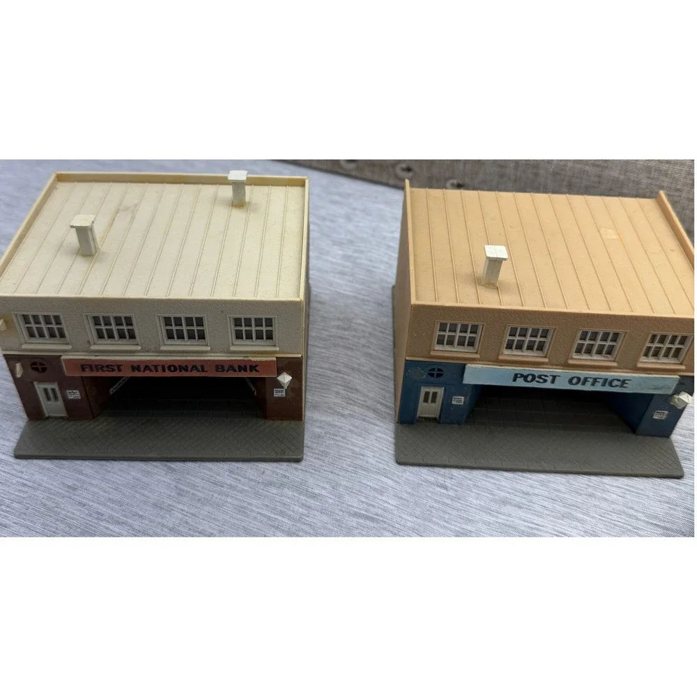 Vintage N Scale Model Train Buildings Lot Town Scenery Auto Shop Bank Church